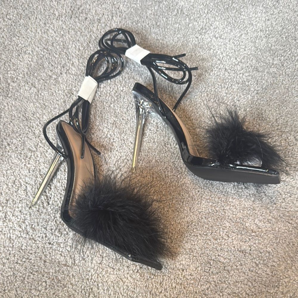 Women Wild Diva Black Open Toe Feathered Lace Up Stiletto High Heel Size 6.5 NEW